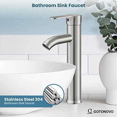 gotonovo Bathroom Sink Faucet Lavatory Vanity Mixer Bar Tap Combo Single Hole Single Handle Deck Mount with Water Supply Lines Brushed Nickel Vessel with Metal Pop Up Drain