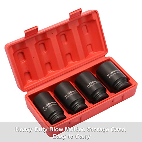 CASOMAN 1/2'' Drive Deep Spindle Axle Nut Impact Socket Set, 6 Point, CR-MO,32,33,35,36mm, 4PC 1/2-Inch Impact Socket Set, Heavy Duty Use In Removing And Installing Axle Nuts