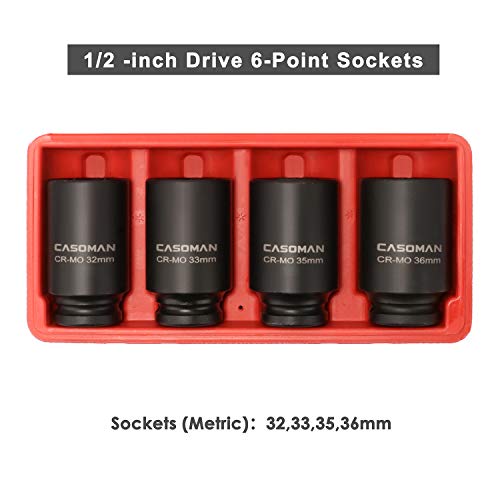 CASOMAN 1/2'' Drive Deep Spindle Axle Nut Impact Socket Set, 6 Point, CR-MO,32,33,35,36mm, 4PC 1/2-Inch Impact Socket Set, Heavy Duty Use In Removing And Installing Axle Nuts