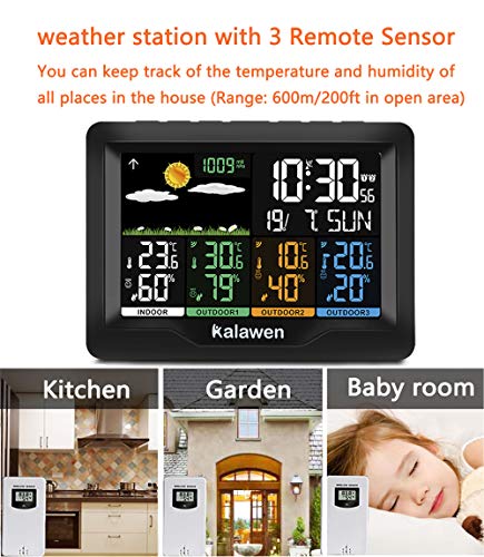 Kalawen Home Wireless Weather Station Multiple Sensors with Atomic Clock, Indoor/Outdoor Thermometer Wireless Humidity Barometer Monitor