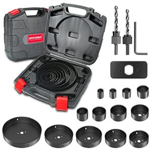 hole saw set hychika 19 pcs hole saw kit with 3/4"-6"(19-152mm) 13pcs saw blades, 2 mandrels, 2 drill bits, 1 installation plate, 1 hex key, ideal for soft wood, plywood, drywall, pvc