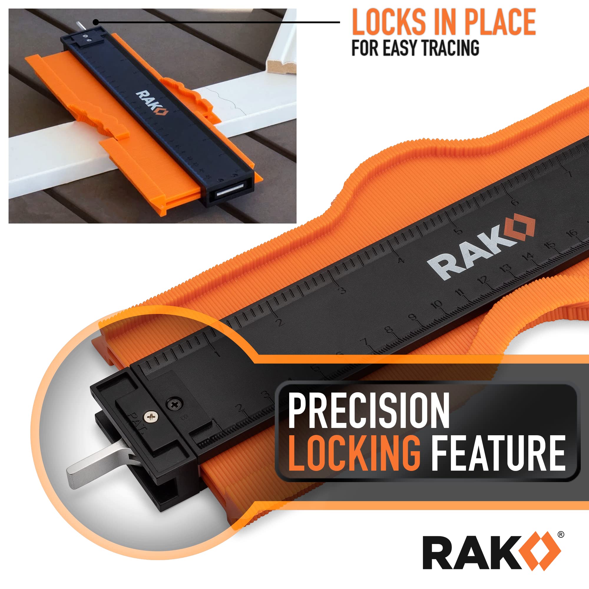 RAK Contour Gauge - Christmas Gifts for Dad - 10 Inch Edge Profile Measuring Tool with Lock - Adjustable Irregular Shape Outline of Flooring, Laying Tile, Woodwork, Construction - Stocking Stuffers