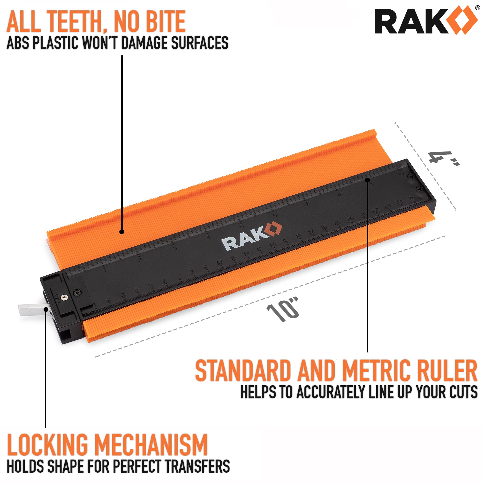 RAK Contour Gauge - Christmas Gifts for Dad - 10 Inch Edge Profile Measuring Tool with Lock - Adjustable Irregular Shape Outline of Flooring, Laying Tile, Woodwork, Construction - Stocking Stuffers