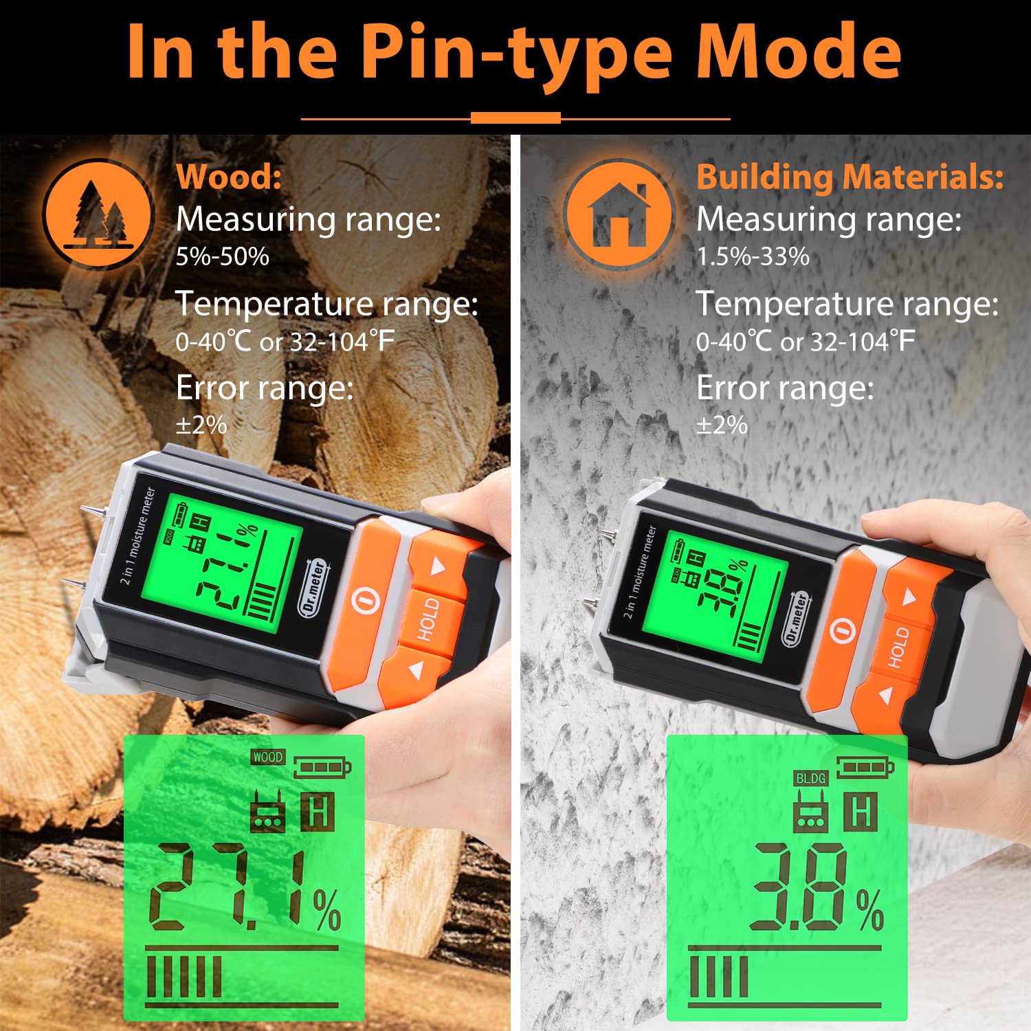 Dr.meter Wood Moisture Meter, 2 in 1 Pin & Pinless Moisture Tester, Digital Dampness Moisture Sensor Detector for Wood Firewood Drywall Paper Floor Woodworking, Water Leak Detector