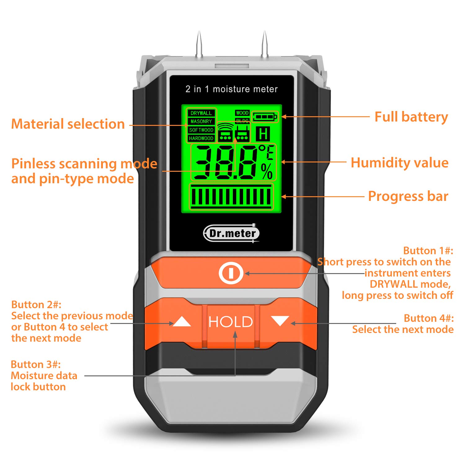 Dr.meter Wood Moisture Meter, 2 in 1 Pin & Pinless Moisture Tester, Digital Dampness Moisture Sensor Detector for Wood Firewood Drywall Paper Floor Woodworking, Water Leak Detector