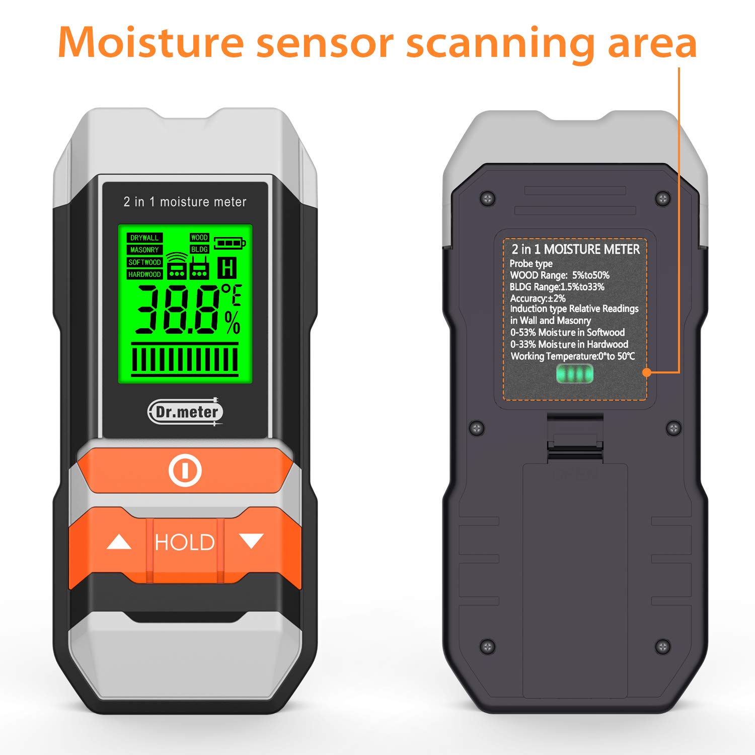 Dr.meter Wood Moisture Meter, 2 in 1 Pin & Pinless Moisture Tester, Digital Dampness Moisture Sensor Detector for Wood Firewood Drywall Paper Floor Woodworking, Water Leak Detector