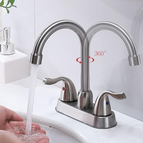 HOTIS HOME Brushed Nickel Bathroom Sink Faucet, 2 Handle 4 Inch Centerset Bathroom Faucet, Small RV Bathroom Faucets for Sink 3 Hole, Camper Silver Stainless Steel Lavatory Vanity Bath Faucet