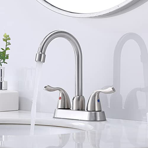 HOTIS HOME Brushed Nickel Bathroom Sink Faucet, 2 Handle 4 Inch Centerset Bathroom Faucet, Small RV Bathroom Faucets for Sink 3 Hole, Camper Silver Stainless Steel Lavatory Vanity Bath Faucet