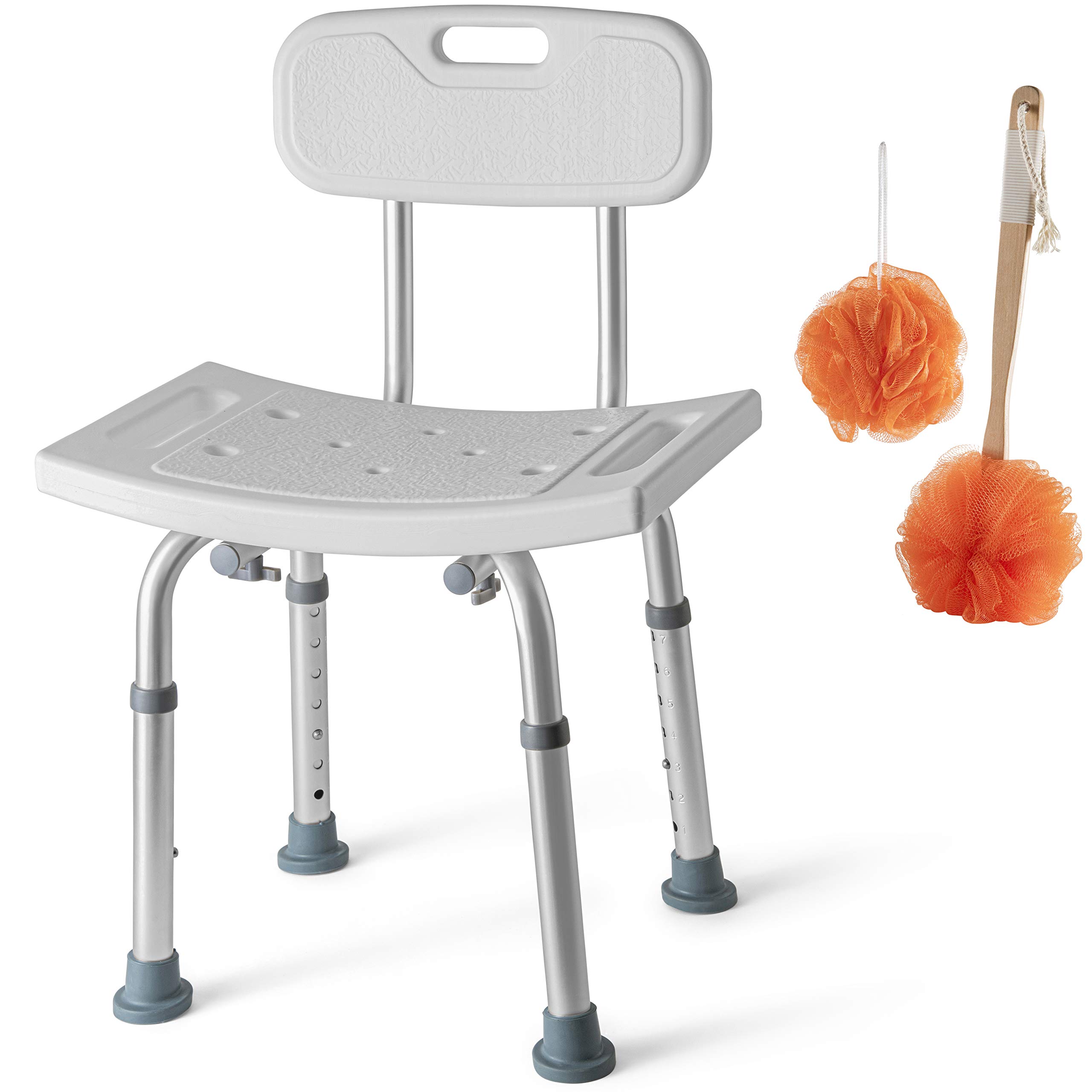 Shower Chair Set of 3 - Includes Back Scrubber & Additional Sponge - Anti Slip for Safety, with 8 Adjustable Heights Portable - Tool Free Shower Chair for Elderly - Bath Chair for Elderly