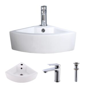 vokim small corner wall mount bathroom sink and faucet combo with overflow white porcelain ceramic above counter mini vanity vessel sink with chrome faucet and pop-up drain combo