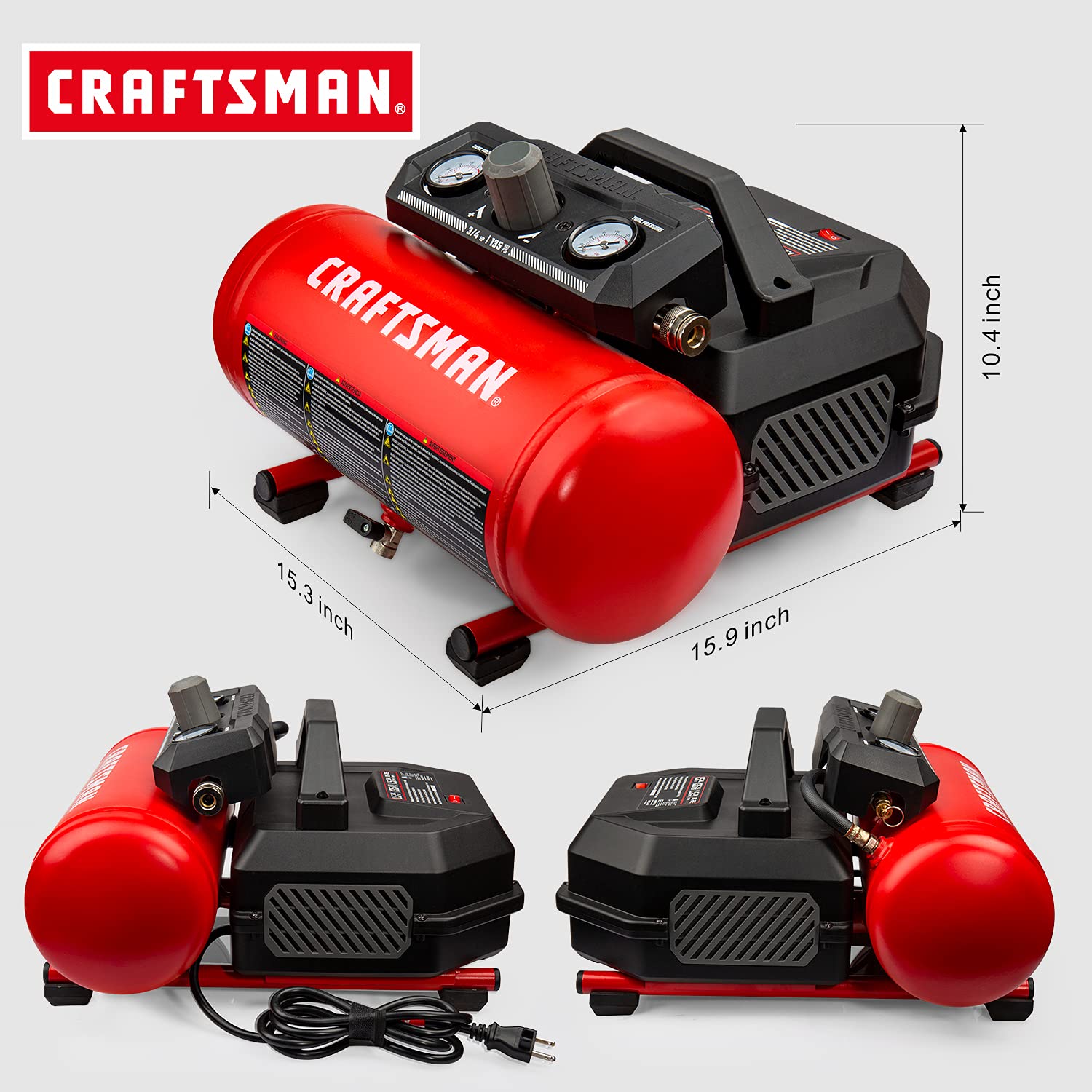 Craftsman Air Compressor, 1.5 Gallon 3/4 HP Max 135 PSI Pressure, 1.5 CFM@90psi and 2.2 CFM@40psi, Stainless Steel Portable Oil Free Maintenance Free Compressor, CMXECXA0200141A