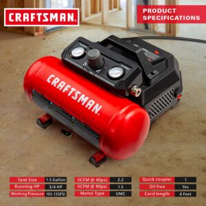 Craftsman Air Compressor, 1.5 Gallon 3/4 HP Max 135 PSI Pressure, 1.5 CFM@90psi and 2.2 CFM@40psi, Stainless Steel Portable Oil Free Maintenance Free Compressor, CMXECXA0200141A