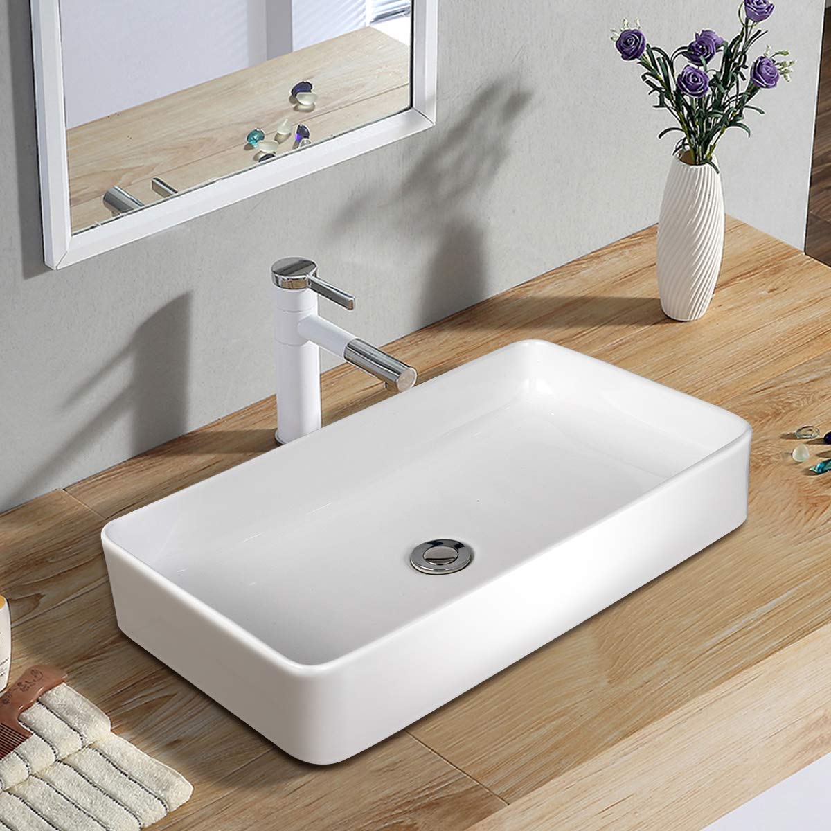 Tangkula 24" x 14" Rectangle Bathroom Vessel Sink, Porcelain Porcelain Ceramic Above Counter, Basin Vessel Vanity Sink Art Basin with Pop-up Drain, Ideal for Home, Restaurant and Hotel, White