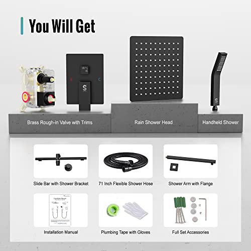 SR SUN RISE 12 Inch Slide Bar Shower Faucet Luxury High Pressure Shower Heads and Handheld Spray Combo Set Wall Mounted Shower System Included Valve and Trim Kit, Matte Black