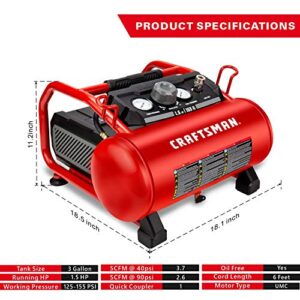 Craftsman Air Compressor, 3 Gallon 1.5 HP Max 155 Psi Pressure Oil-Free Portable, Red- CMXECXA0200341