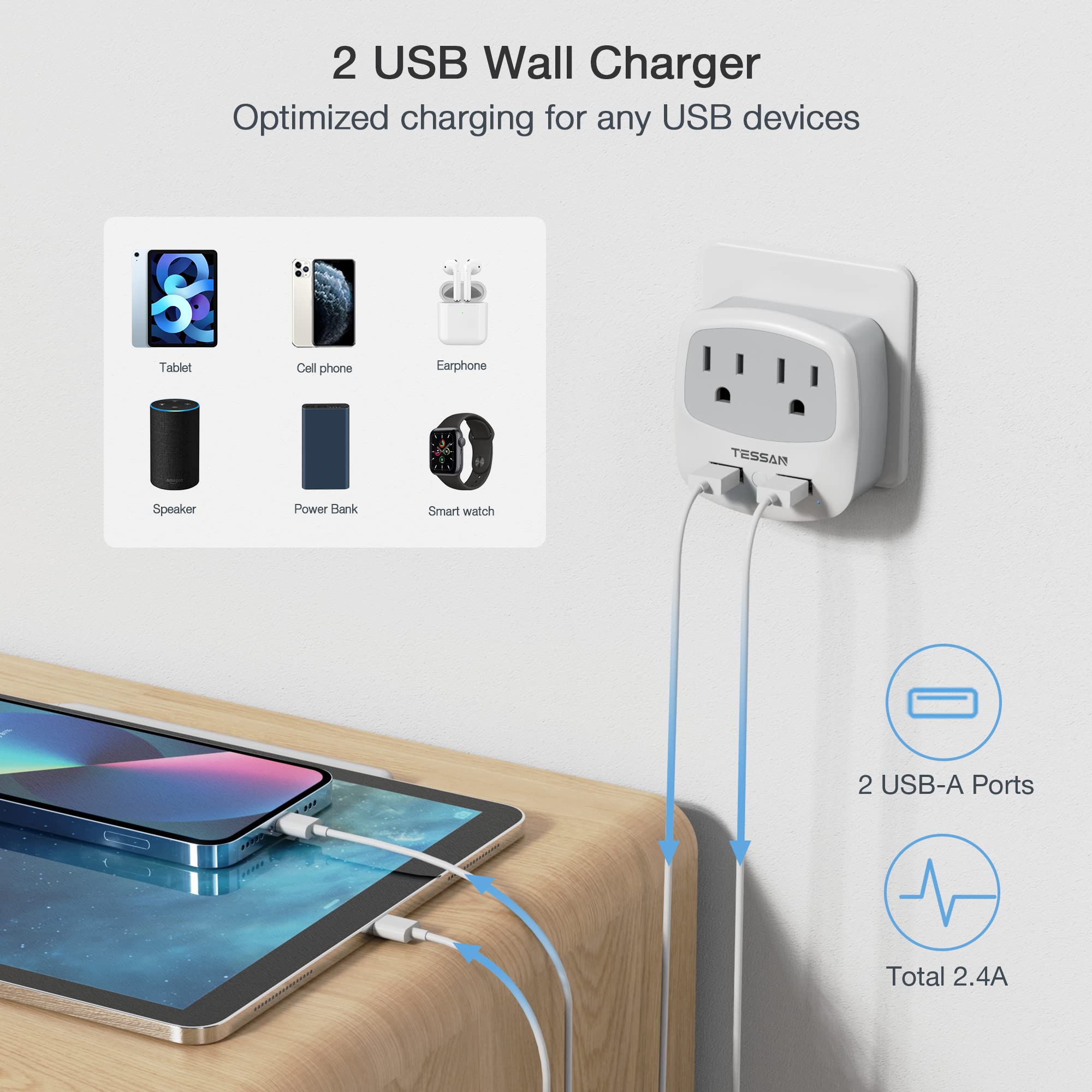 European Travel Plug Adapter Converter, TESSAN International Power Plug Converter with 2 USB, Type C Outlet Adaptor Charger for US to Most of Europe EU Iceland Spain Italy France Germany