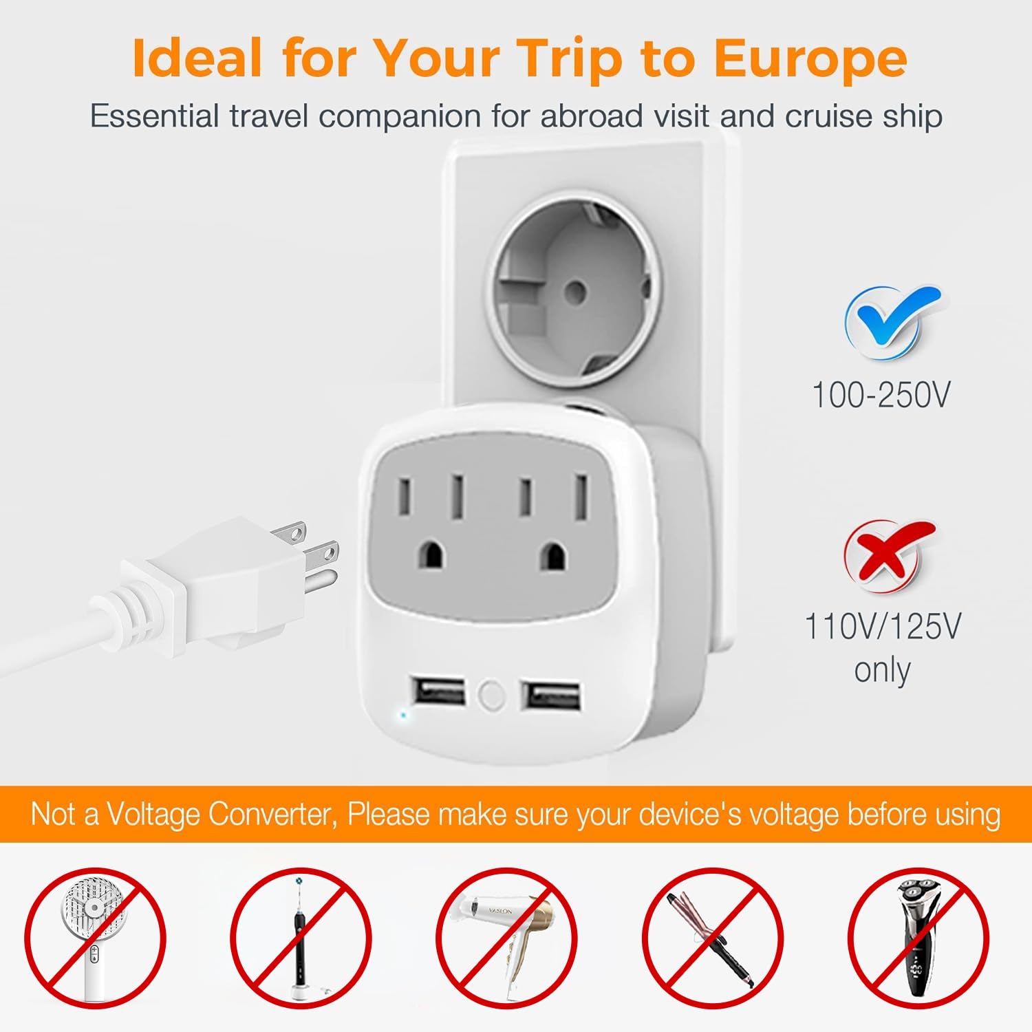 European Travel Plug Adapter Converter, TESSAN International Power Plug Converter with 2 USB, Type C Outlet Adaptor Charger for US to Most of Europe EU Iceland Spain Italy France Germany