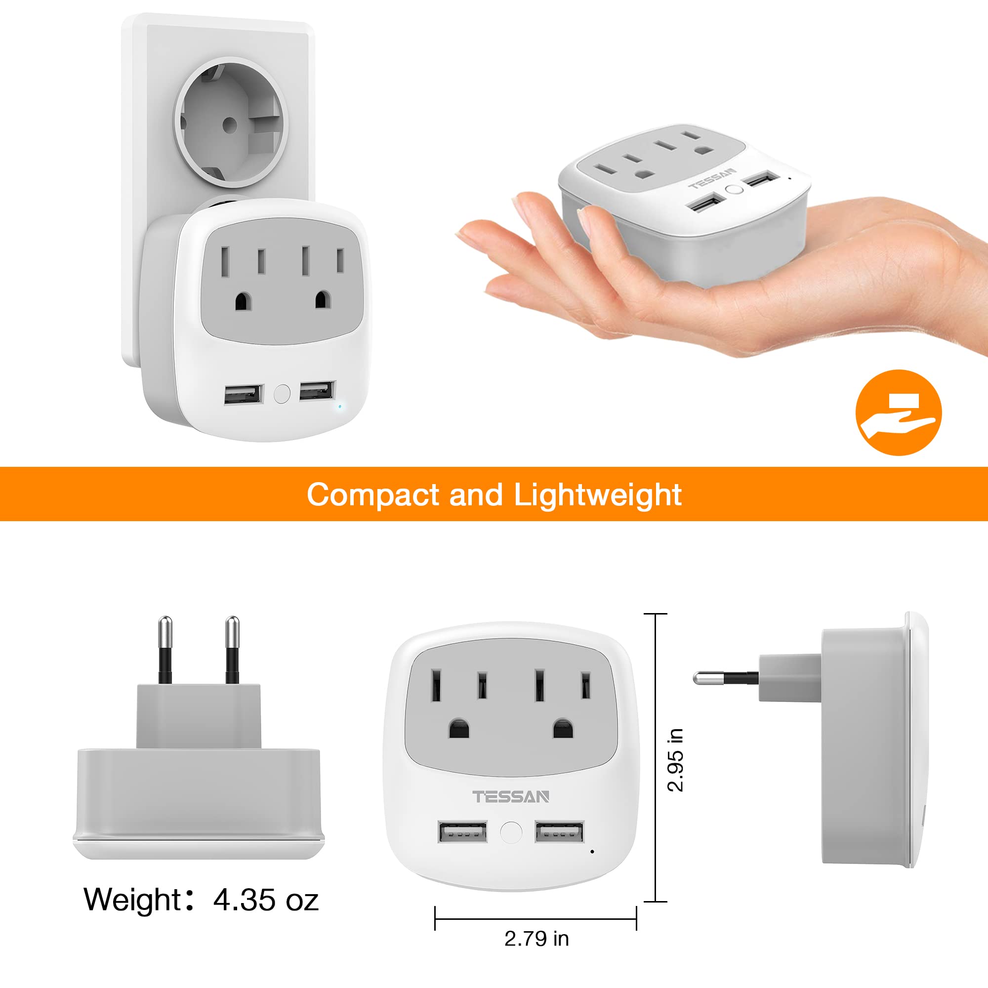 European Travel Plug Adapter Converter, TESSAN International Power Plug Converter with 2 USB, Type C Outlet Adaptor Charger for US to Most of Europe EU Iceland Spain Italy France Germany