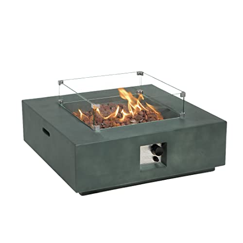 COSIEST Outdoor Propane Fire Pit Coffee Table w Greyish-Green Square Faux Stone 35-inch Planter Base, 50,000 BTU Stainless Steel Burner, Wind Guard, Tank Outside and Rain Cover