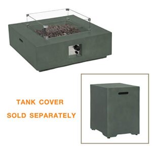 COSIEST Outdoor Propane Fire Pit Coffee Table w Greyish-Green Square Faux Stone 35-inch Planter Base, 50,000 BTU Stainless Steel Burner, Wind Guard, Tank Outside and Rain Cover