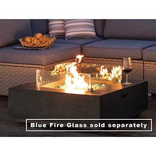 COSIEST Outdoor Propane Fire Pit Coffee Table w Greyish-Green Square Faux Stone 35-inch Planter Base, 50,000 BTU Stainless Steel Burner, Wind Guard, Tank Outside and Rain Cover