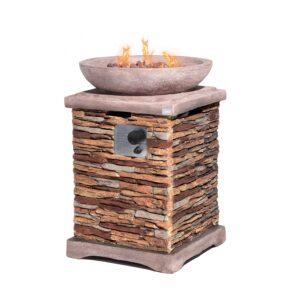 cosiest outdoor propane fire pit table w faux brown compact ledge stone 20-inch square base and faux rose-marble round bowl, 40,000 btu, free lava rocks, fits 20lb tank inside, raincover