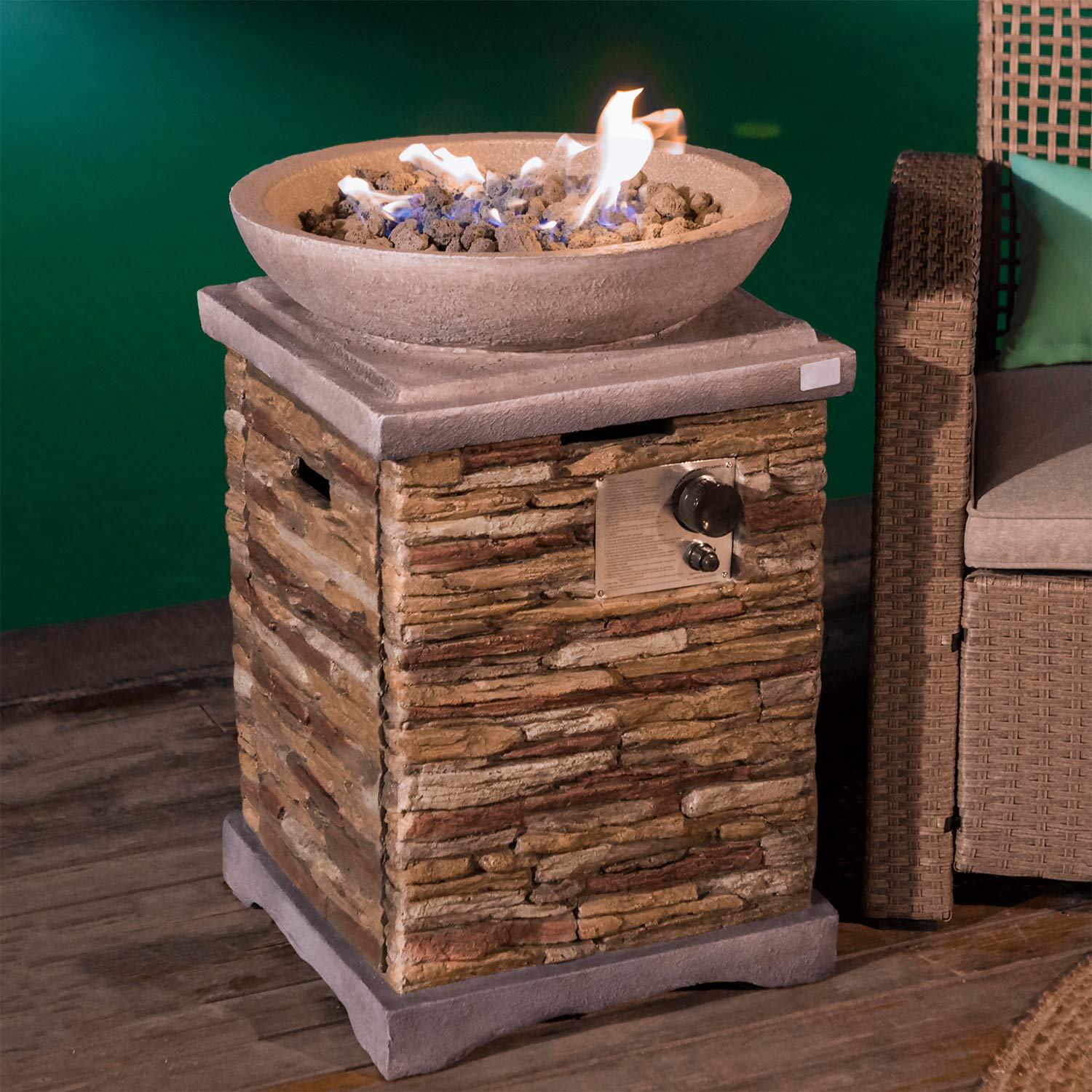 COSIEST Outdoor Propane Fire Pit Table w Faux Brown Compact Ledge Stone 20-inch Square Base and Faux Rose-Marble Round Bowl, 40,000 BTU, Free Lava Rocks, Fits 20lb Tank Inside, Raincover