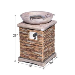 COSIEST Outdoor Propane Fire Pit Table w Faux Brown Compact Ledge Stone 20-inch Square Base and Faux Rose-Marble Round Bowl, 40,000 BTU, Free Lava Rocks, Fits 20lb Tank Inside, Raincover
