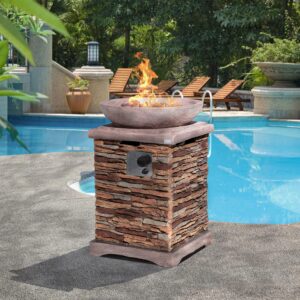 COSIEST Outdoor Propane Fire Pit Table w Faux Brown Compact Ledge Stone 20-inch Square Base and Faux Rose-Marble Round Bowl, 40,000 BTU, Free Lava Rocks, Fits 20lb Tank Inside, Raincover