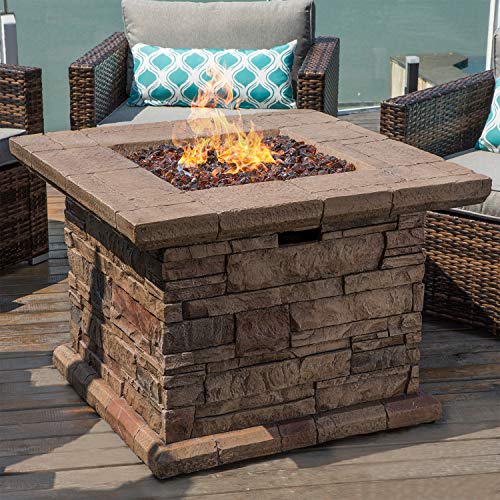 COSIEST Outdoor Propane Fire Pit Table w Faux Brown Ledgestone 32-inch Square Fire Table, 50,000 BTU Stainless Steel Burner, Free Lava Rocks, Fits 20lb Tank Inside