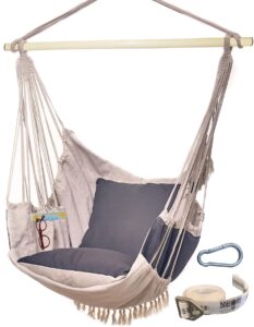 bdecoru hanging hammock chair swing - outdoor & indoor hammock swing chairs for outside or inside of home, swing hanging chair with footrest - includes 2 cushions, bag, & hanging kit - gray beige