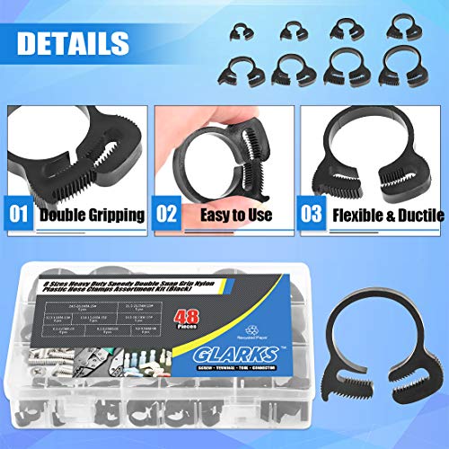 Glarks 48Pcs 8 Size Heavy Duty Black Double Gripping Nylon Hose Clamps Set, 6.6-27.2mm Plastic Snap Ratcheting Clamps Assortment Kit (Black 48Pcs)