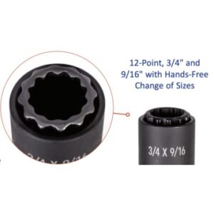 Impact Rated 2-in-1 Black Oxidized Spring-Loaded Socket, 12 Point, Deep Socket - Multi Function 3/4" and 9/16" Lineman Socket