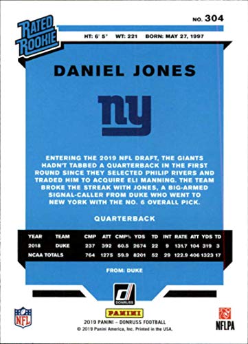2019 Donruss #304 Daniel Jones New York Giants RR (Rated Rookie) NFL Football Card (RC - Rookie Card) NM-MT