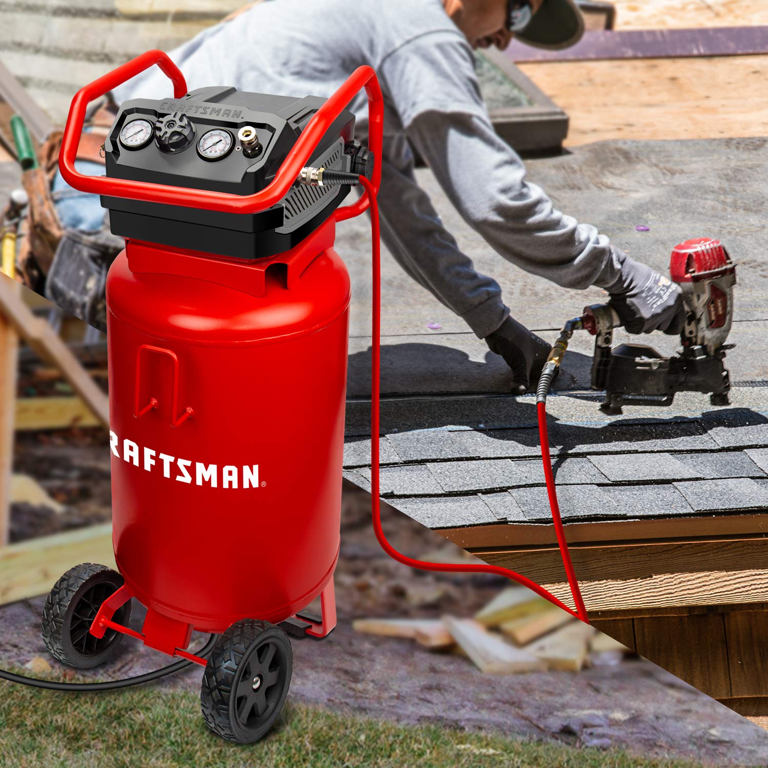 Craftsman Air Compressor, 20 Gallon Oil-Free 1.8 HP Max 175 PSI Pressure Two Quick Couplers Big Capacity, Red- CMXECXA0232043