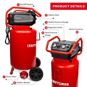 Craftsman Air Compressor, 20 Gallon Oil-Free 1.8 HP Max 175 PSI Pressure Two Quick Couplers Big Capacity, Red- CMXECXA0232043