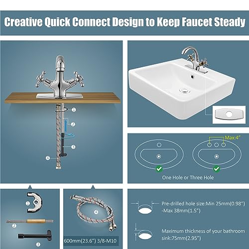 Aolemi Bathroom Vessel Sink Faucet Polish Chrome Double Cross Handle Two Knobs Mixer Basin Tap Hot and Cold Water for Vanity Single Hole