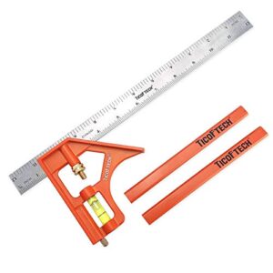 ticoftech 12-inch combination square, inch/metric metal combo square with stainless steel blade, accurate woodworking measure square with carpenter pencils……