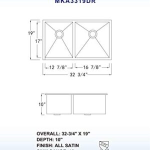 Woodbridge Kitchen Sink, 50/50 Double Bowl,33 Inch, 2 Holes,Stainless Steel MKA3319DM