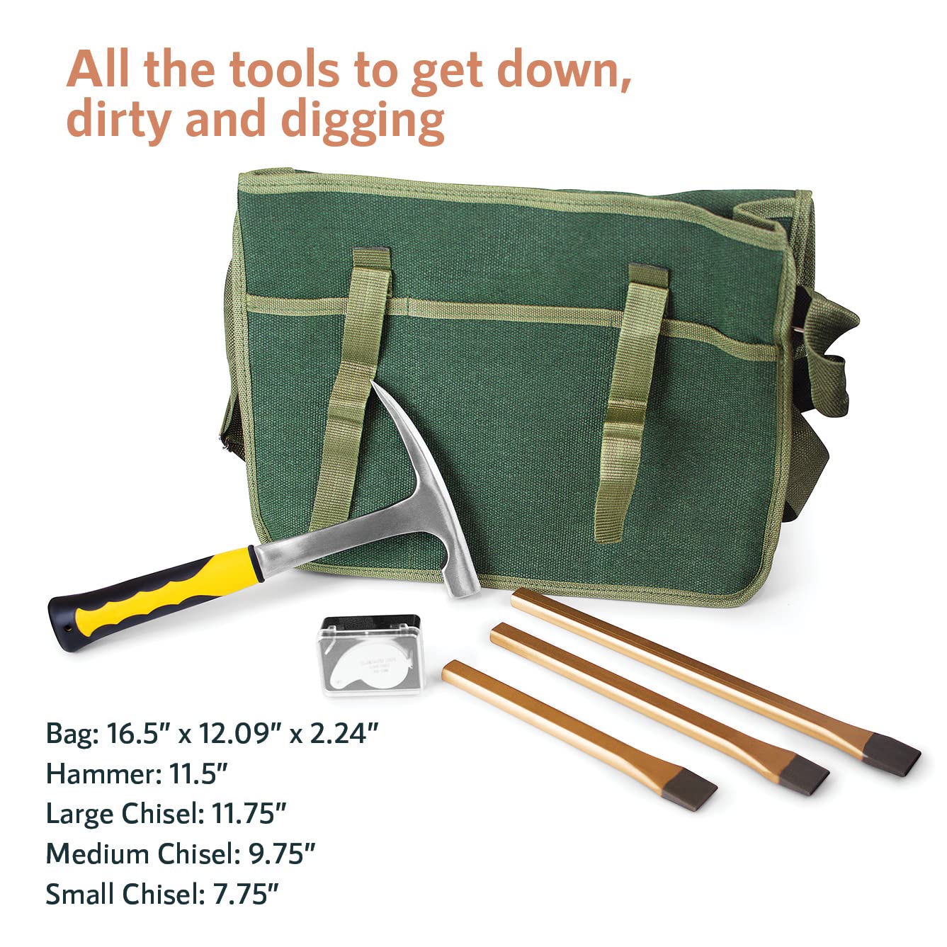 Rock Hammer Mining Kit, Rockhounding Geology Tools Musette Bag Chisels Rock Pick Hammer