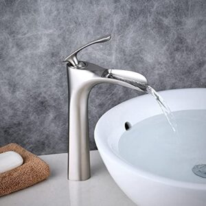 Bathroom Vessel Sink Faucet Tall Brushed Nickel Waterfall Single Handle Bath Lavatory One Hole Basin Mixer Tap Commercial Farmhouse Lead-Free Faucets