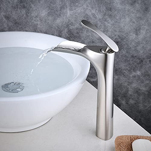 Bathroom Vessel Sink Faucet Tall Brushed Nickel Waterfall Single Handle Bath Lavatory One Hole Basin Mixer Tap Commercial Farmhouse Lead-Free Faucets