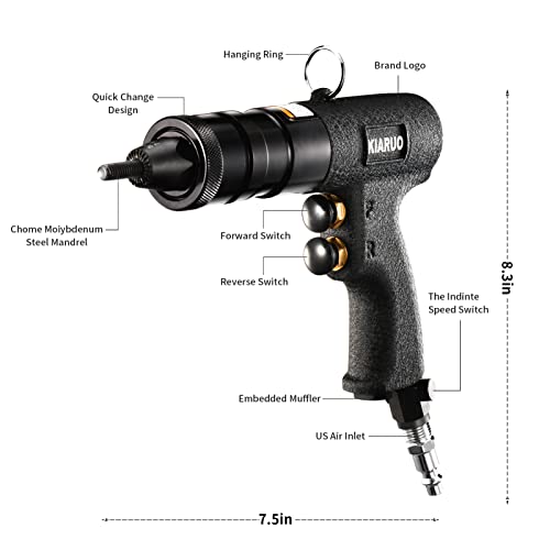 KIARUO Pneumatic Rivet Nut Gun with Self-locking Head Gun 1/4 & 5/16 & 3/8 Mandrels,Industrial Grade Adjustable Speed Pull Rivnut Gun Model:LM07 Button Switch