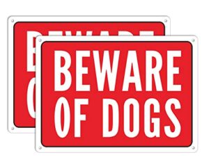 beware of dog sign, metal warning the dogs signs for fence gate, 2 pack 10 x 7 inches, for indoor and outdoor use, no fade aluminum weatherproof long lasting red ink (10 x 7, red)