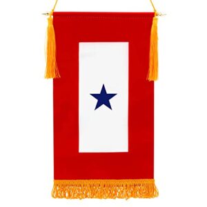 anley military service banner - usa family member on service one blue star - 15" x 8" fringed flag & wooden flagpole & golden hanging cord with tassels - vivid color & fade resistant