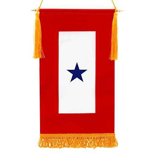 ANLEY Military Service Banner - USA Family Member On Service One Blue Star - 15" X 8" Fringed Flag & Wooden Flagpole & Golden Hanging Cord with Tassels - Vivid Color & Fade Resistant