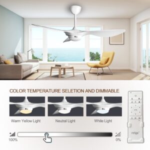 reiga 52-in Modern Bright White Ceiling Fan with Dimmable Light and Remote Control, 3 Blades Smart Ceiling Fans Reversible Quiet DC ETL Motor, 6-speed, Timer, for Bedroom Living Room and Patio