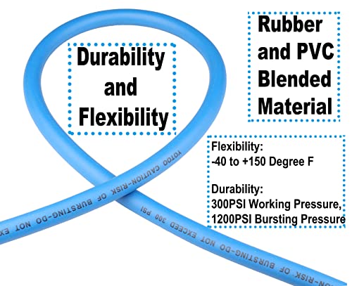 YOTOO Hybrid Air Hose, 1/4-Inch by 50-Feet 300 PSI Heavy Duty Air Compressor Hose, Lightweight, Kink Resistant, All-Weather Flexibility with 1/4-Inch Industrial Air Fittings and Bend Restrictors, Blue