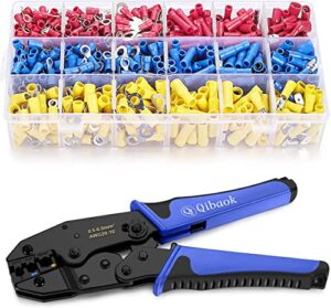 wire terminals crimping tool, qibaok insulated ratcheting terminals crimper kit of awg22-10 with 800pcs insulated butt bullet spade fork ring crimp terminals connectors