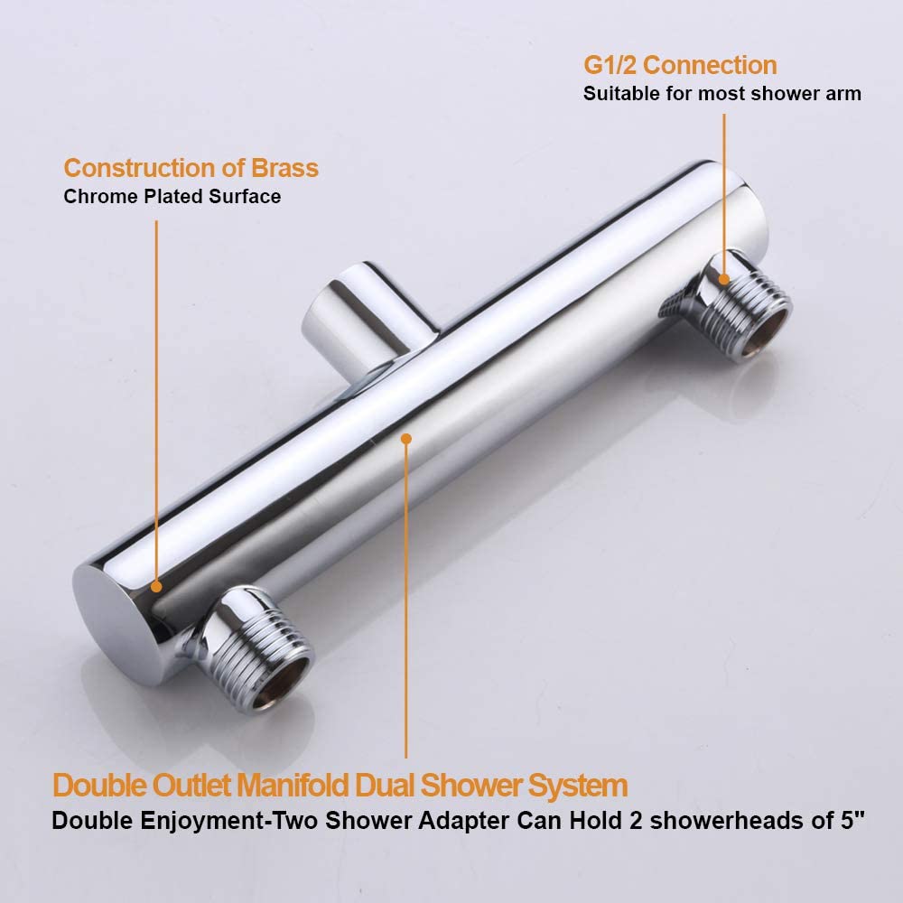 AZOS Chrome Double Outlet Shower Manifold, Suitable for Dual Sprayer Showering System, Can Connect Two Showerheads - Double Enjoyment